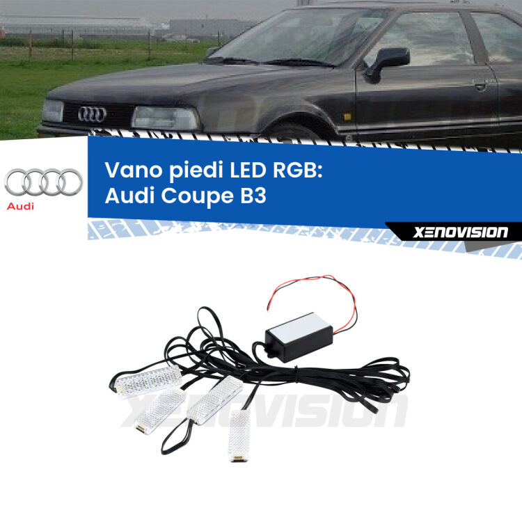 <strong>Kit placche LED cambiacolore vano piedi Audi Coupe</strong> B3 1988 - 1996. 4 placche <strong>Bluetooth</strong> con app Android /iOS.