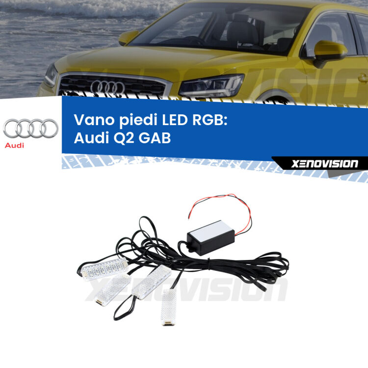 <strong>Kit placche LED cambiacolore vano piedi Audi Q2</strong> GAB 2016 - 2018. 4 placche <strong>Bluetooth</strong> con app Android /iOS.