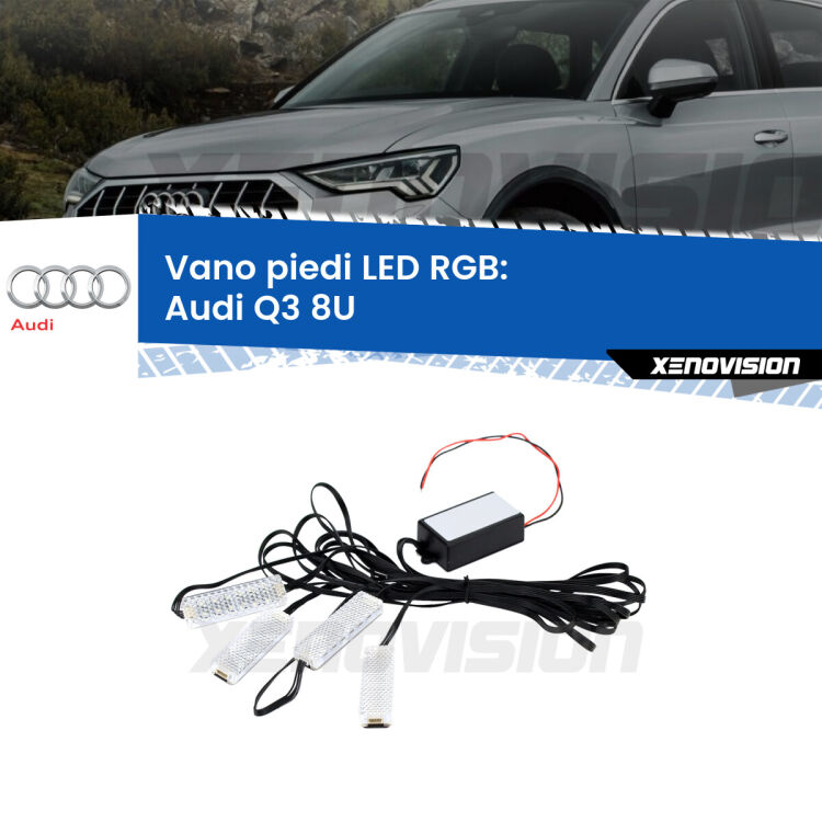 <strong>Kit placche LED cambiacolore vano piedi Audi Q3</strong> 8U 2011 - 2018. 4 placche <strong>Bluetooth</strong> con app Android /iOS.