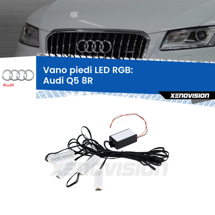 <strong>Kit placche LED cambiacolore vano piedi Audi Q5</strong> 8R 2008 - 2017. 4 placche <strong>Bluetooth</strong> con app Android /iOS.