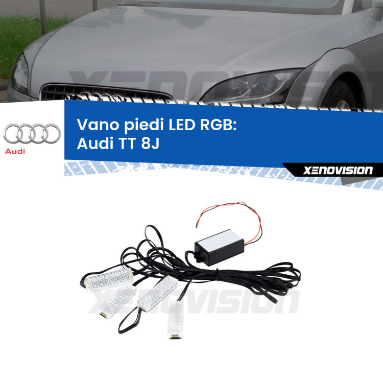 <strong>Kit placche LED cambiacolore vano piedi Audi TT</strong> 8J 2006 - 2014. 4 placche <strong>Bluetooth</strong> con app Android /iOS.
