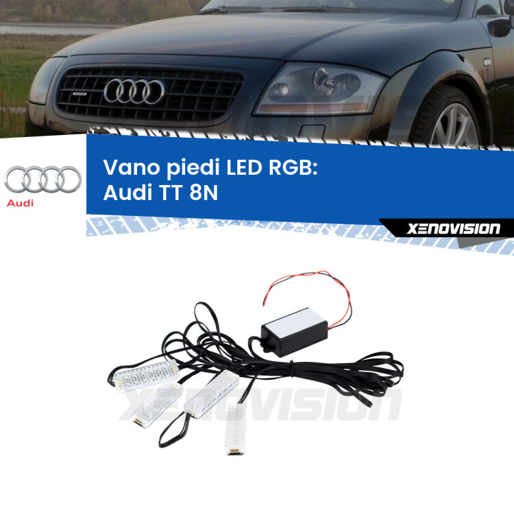<strong>Kit placche LED cambiacolore vano piedi Audi TT</strong> 8N 1998 - 2006. 4 placche <strong>Bluetooth</strong> con app Android /iOS.