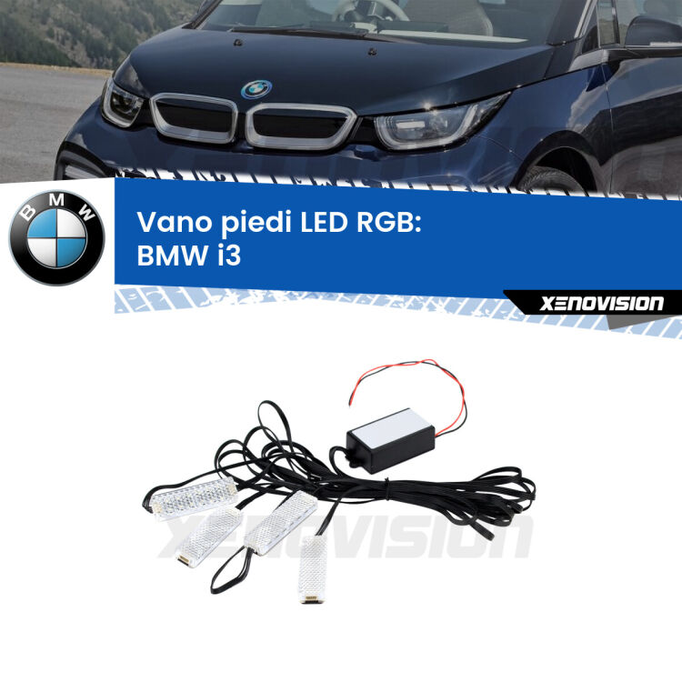 <strong>Kit placche LED cambiacolore vano piedi BMW i3</strong>  2013 - 2023. 4 placche <strong>Bluetooth</strong> con app Android /iOS.