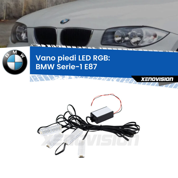<strong>Kit placche LED cambiacolore vano piedi BMW Serie-1</strong> E87 2003 - 2012. 4 placche <strong>Bluetooth</strong> con app Android /iOS.