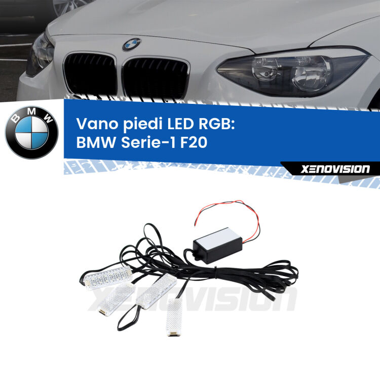 <strong>Kit placche LED cambiacolore vano piedi BMW Serie-1</strong> F20 2010 - 2019. 4 placche <strong>Bluetooth</strong> con app Android /iOS.