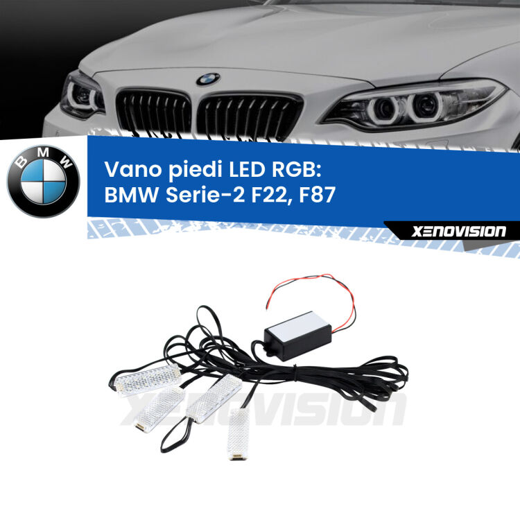<strong>Kit placche LED cambiacolore vano piedi BMW Serie-2</strong> F22, F87 2012 - 2015. 4 placche <strong>Bluetooth</strong> con app Android /iOS.