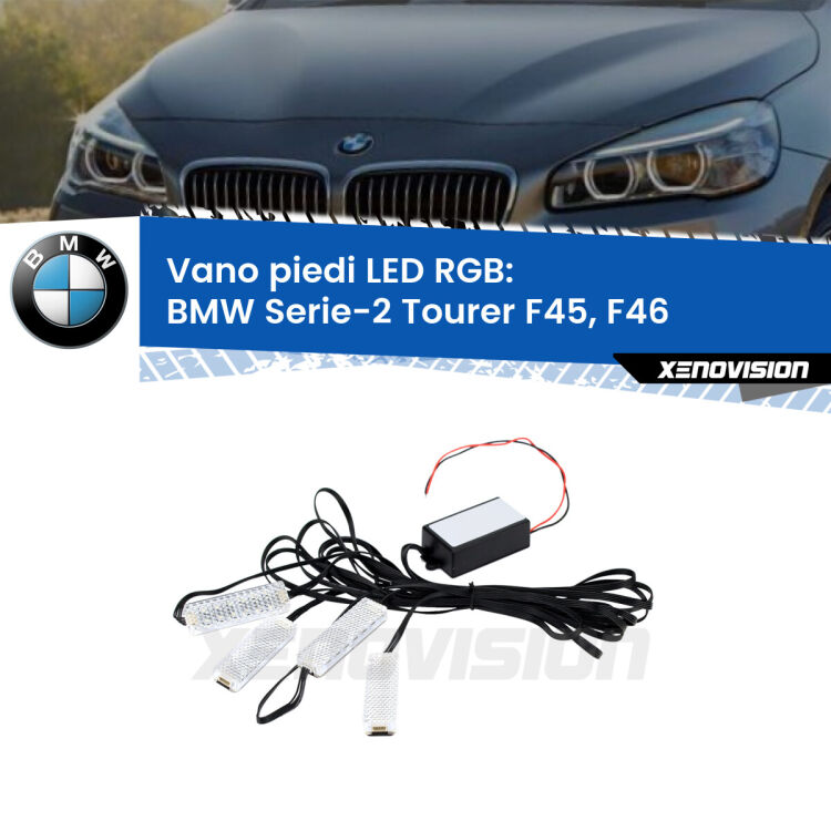 <strong>Kit placche LED cambiacolore vano piedi BMW Serie-2 Tourer</strong> F45, F46 2014 - 2018. 4 placche <strong>Bluetooth</strong> con app Android /iOS.