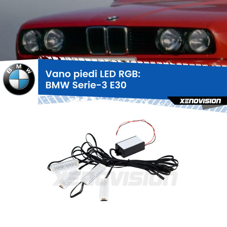 <strong>Kit placche LED cambiacolore vano piedi BMW Serie-3</strong> E30 1982 - 1992. 4 placche <strong>Bluetooth</strong> con app Android /iOS.