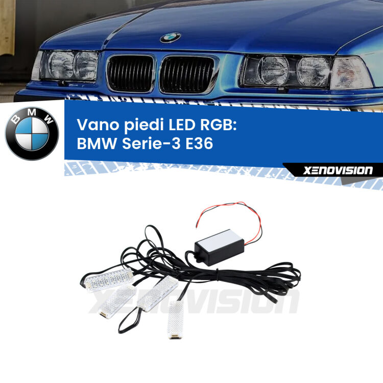 <strong>Kit placche LED cambiacolore vano piedi BMW Serie-3</strong> E36 1990 - 1998. 4 placche <strong>Bluetooth</strong> con app Android /iOS.