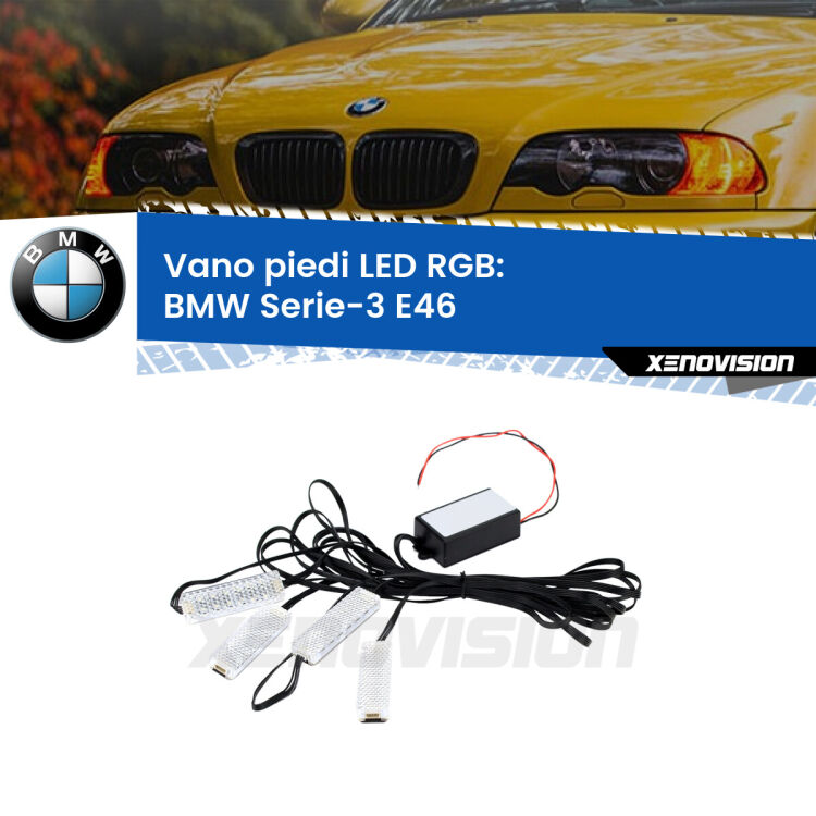 <strong>Kit placche LED cambiacolore vano piedi BMW Serie-3</strong> E46 1998 - 2005. 4 placche <strong>Bluetooth</strong> con app Android /iOS.