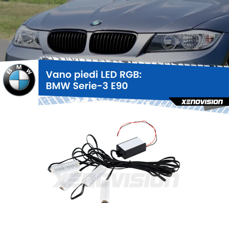 <strong>Kit placche LED cambiacolore vano piedi BMW Serie-3</strong> E90 2005 - 2011. 4 placche <strong>Bluetooth</strong> con app Android /iOS.