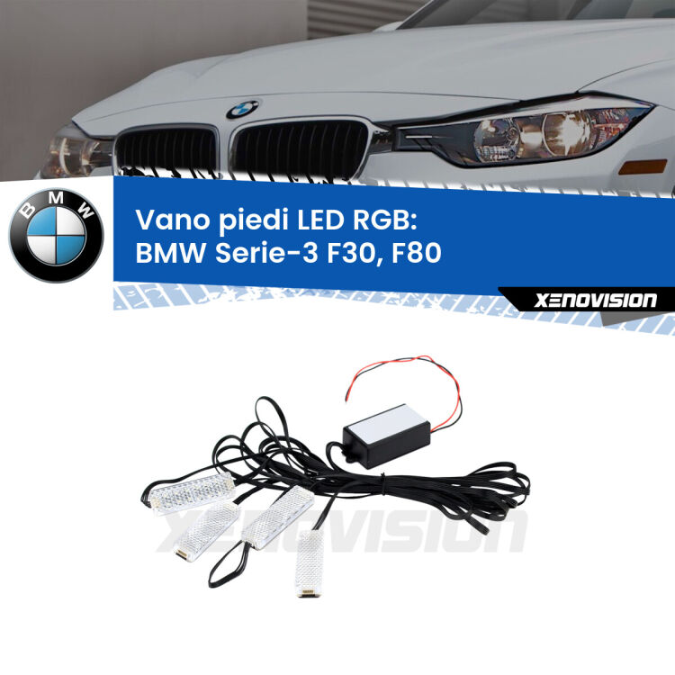 <strong>Kit placche LED cambiacolore vano piedi BMW Serie-3</strong> F30, F80 2012 - 2019. 4 placche <strong>Bluetooth</strong> con app Android /iOS.