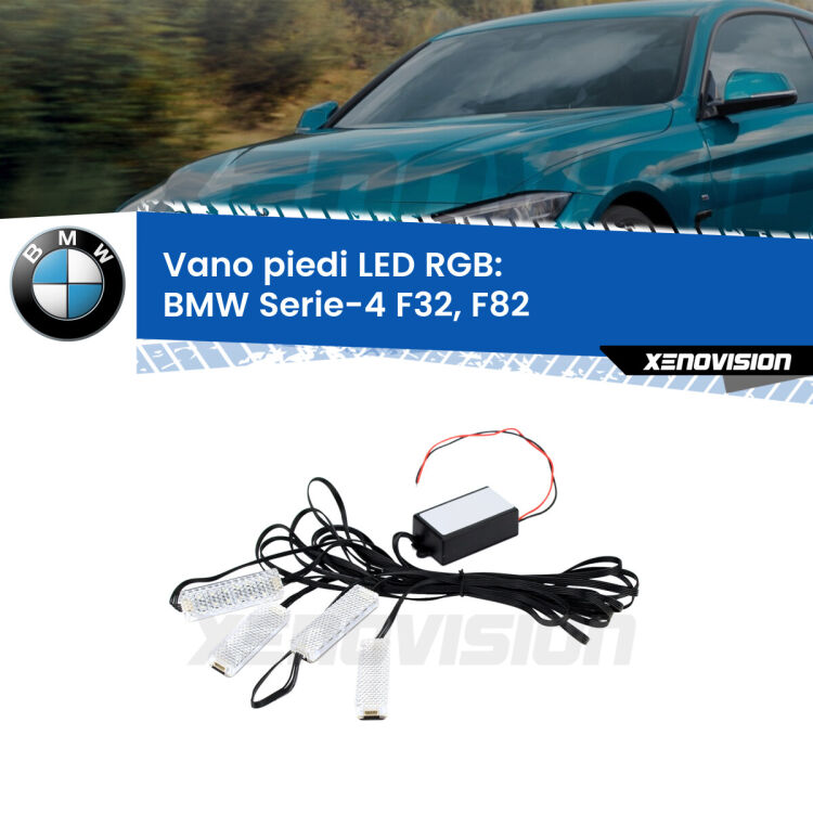 <strong>Kit placche LED cambiacolore vano piedi BMW Serie-4</strong> F32, F82 2013 - 2019. 4 placche <strong>Bluetooth</strong> con app Android /iOS.