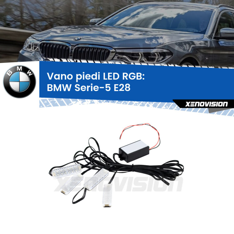 <strong>Kit placche LED cambiacolore vano piedi BMW Serie-5</strong> E28 1981 - 1988. 4 placche <strong>Bluetooth</strong> con app Android /iOS.