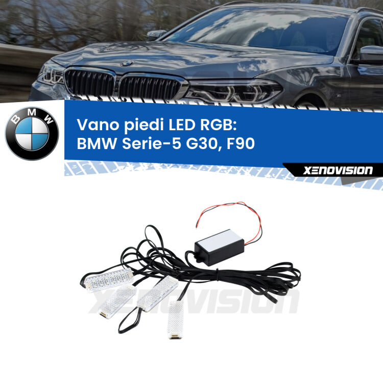 <strong>Kit placche LED cambiacolore vano piedi BMW Serie-5</strong> G30, F90 2017 in poi. 4 placche <strong>Bluetooth</strong> con app Android /iOS.