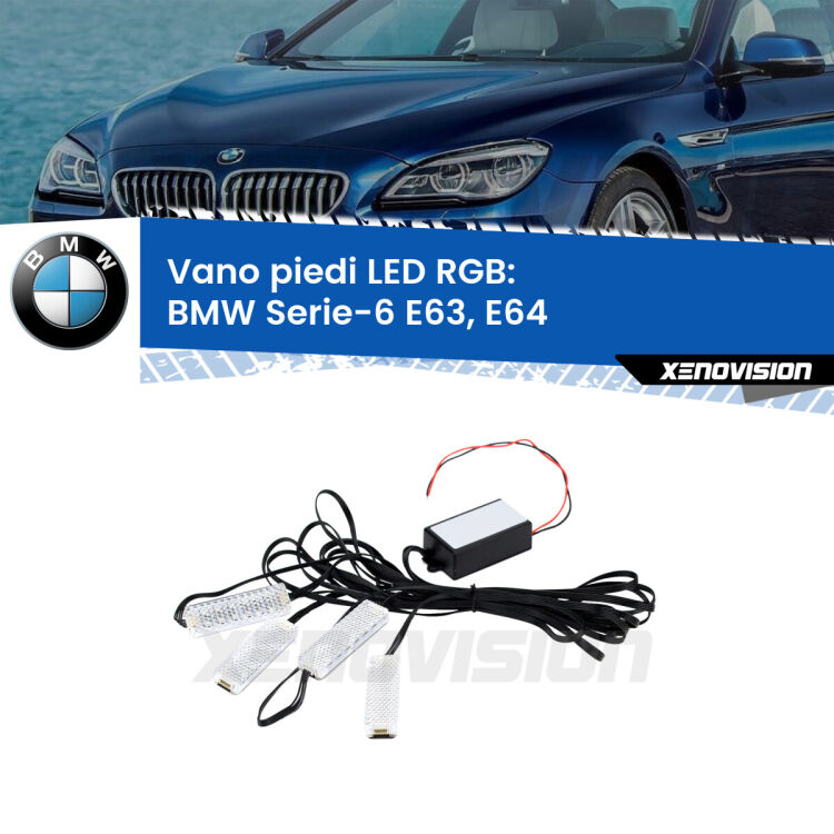 <strong>Kit placche LED cambiacolore vano piedi BMW Serie-6</strong> E63, E64 2004 - 2010. 4 placche <strong>Bluetooth</strong> con app Android /iOS.