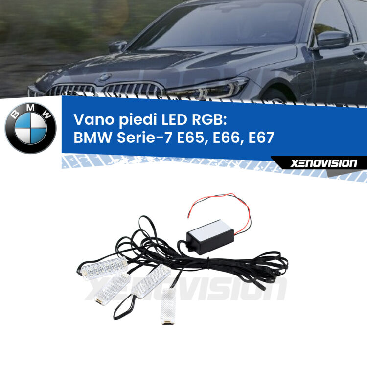 <strong>Kit placche LED cambiacolore vano piedi BMW Serie-7</strong> E65, E66, E67 2001 - 2008. 4 placche <strong>Bluetooth</strong> con app Android /iOS.