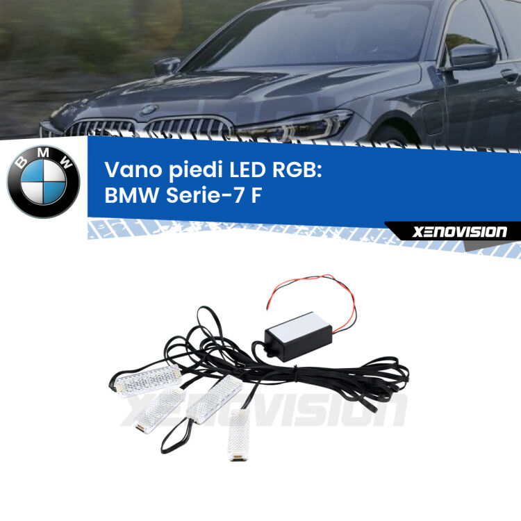<strong>Kit placche LED cambiacolore vano piedi BMW Serie-7</strong> F 2009 - 2015. 4 placche <strong>Bluetooth</strong> con app Android /iOS.