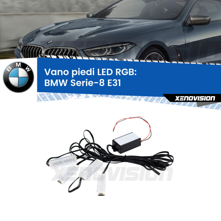 <strong>Kit placche LED cambiacolore vano piedi BMW Serie-8</strong> E31 1990 - 1999. 4 placche <strong>Bluetooth</strong> con app Android /iOS.