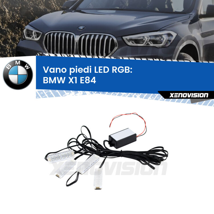 <strong>Kit placche LED cambiacolore vano piedi BMW X1</strong> E84 2009 - 2015. 4 placche <strong>Bluetooth</strong> con app Android /iOS.