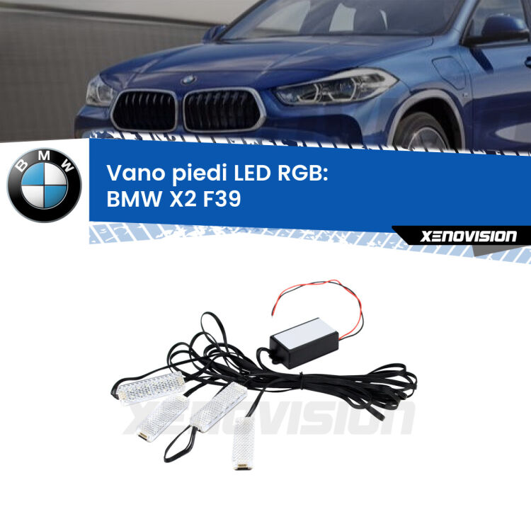 <strong>Kit placche LED cambiacolore vano piedi BMW X2</strong> F39 2017 in poi. 4 placche <strong>Bluetooth</strong> con app Android /iOS.