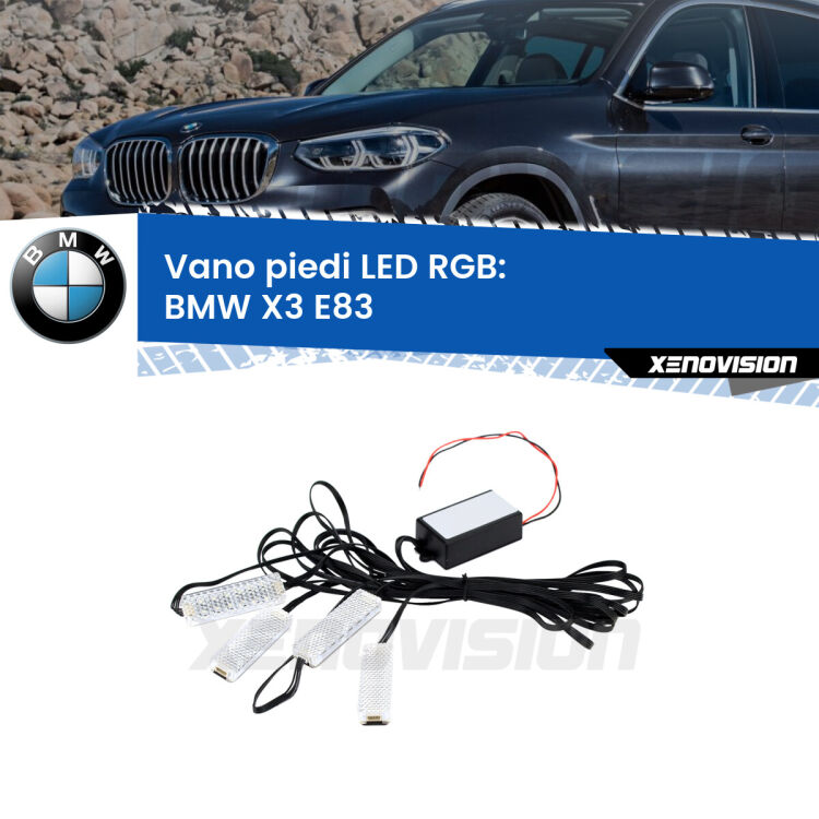 <strong>Kit placche LED cambiacolore vano piedi BMW X3</strong> E83 2003 - 2010. 4 placche <strong>Bluetooth</strong> con app Android /iOS.