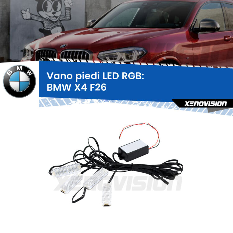 <strong>Kit placche LED cambiacolore vano piedi BMW X4</strong> F26 2014 - 2017. 4 placche <strong>Bluetooth</strong> con app Android /iOS.