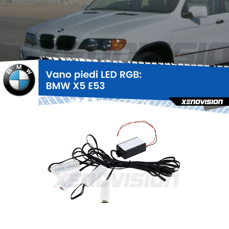 <strong>Kit placche LED cambiacolore vano piedi BMW X5</strong> E53 1999 - 2005. 4 placche <strong>Bluetooth</strong> con app Android /iOS.