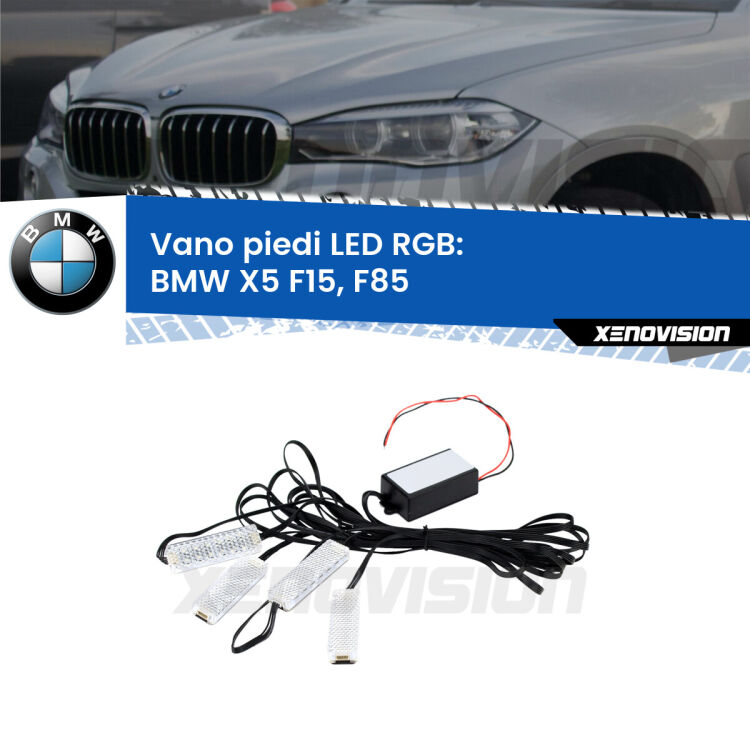 <strong>Kit placche LED cambiacolore vano piedi BMW X5</strong> F15, F85 2014 - 2018. 4 placche <strong>Bluetooth</strong> con app Android /iOS.