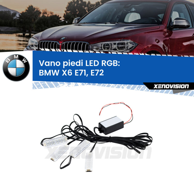 <strong>Kit placche LED cambiacolore vano piedi BMW X6</strong> E71, E72 2008 - 2014. 4 placche <strong>Bluetooth</strong> con app Android /iOS.