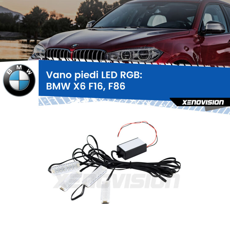 <strong>Kit placche LED cambiacolore vano piedi BMW X6</strong> F16, F86 2015 - 2019. 4 placche <strong>Bluetooth</strong> con app Android /iOS.