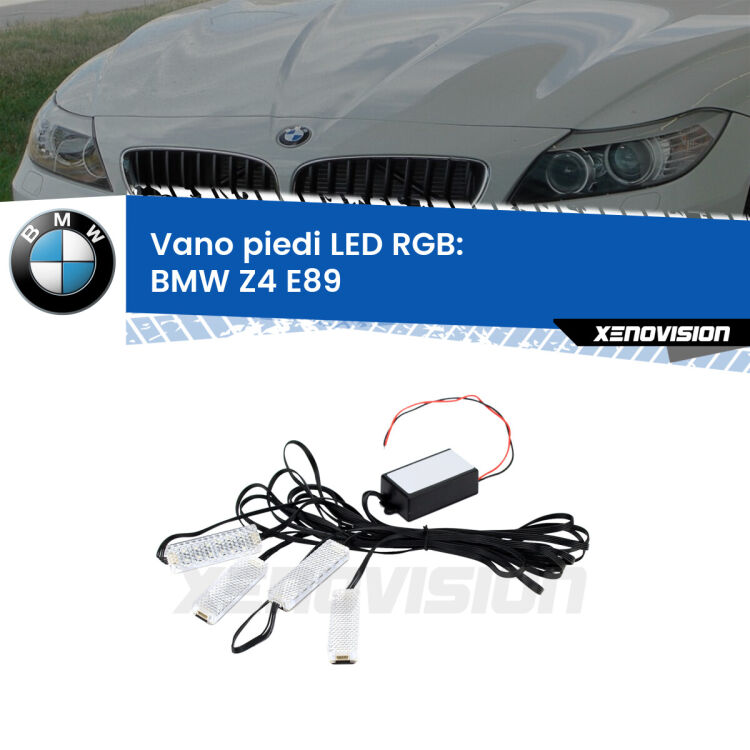 <strong>Kit placche LED cambiacolore vano piedi BMW Z4</strong> E89 2009 - 2016. 4 placche <strong>Bluetooth</strong> con app Android /iOS.