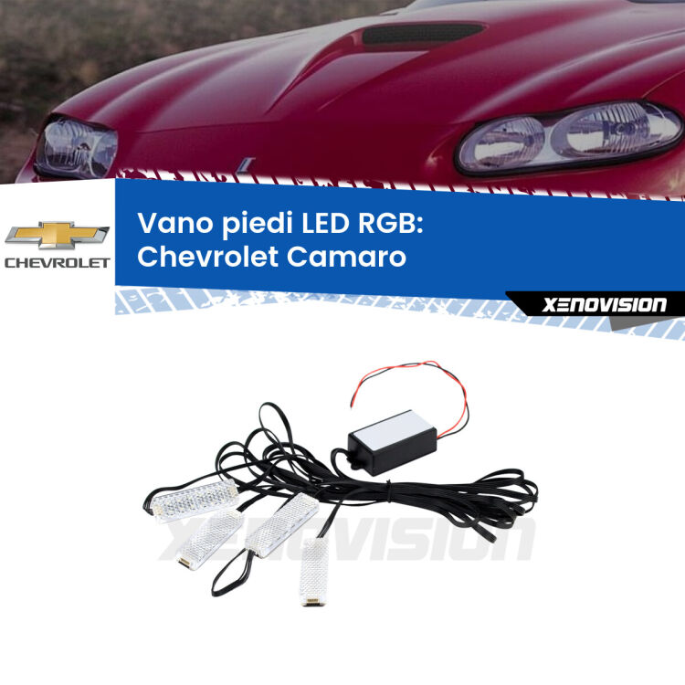 <strong>Kit placche LED cambiacolore vano piedi Chevrolet Camaro</strong>  1998 - 2002. 4 placche <strong>Bluetooth</strong> con app Android /iOS.