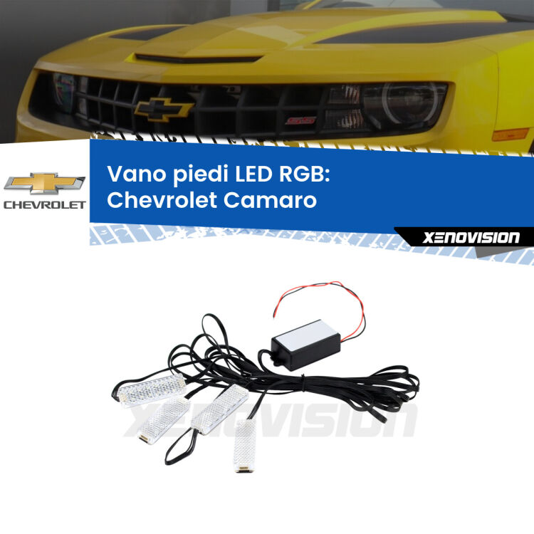 <strong>Kit placche LED cambiacolore vano piedi Chevrolet Camaro</strong>  2011 - 2015. 4 placche <strong>Bluetooth</strong> con app Android /iOS.