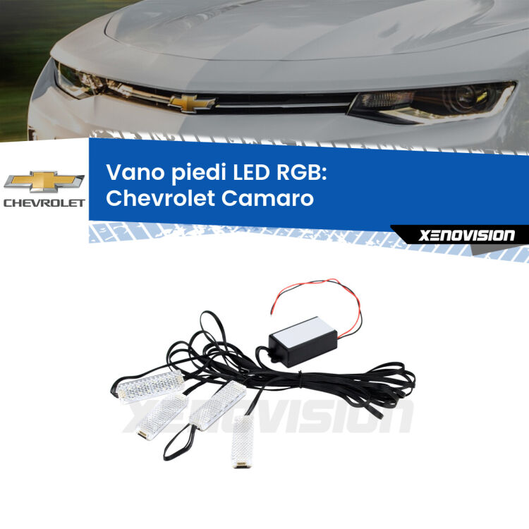 <strong>Kit placche LED cambiacolore vano piedi Chevrolet Camaro</strong>  2015 in poi. 4 placche <strong>Bluetooth</strong> con app Android /iOS.