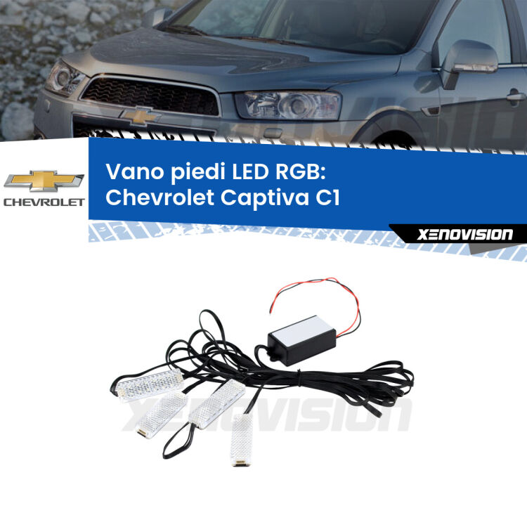 <strong>Kit placche LED cambiacolore vano piedi Chevrolet Captiva</strong> C1 2006 - 2018. 4 placche <strong>Bluetooth</strong> con app Android /iOS.