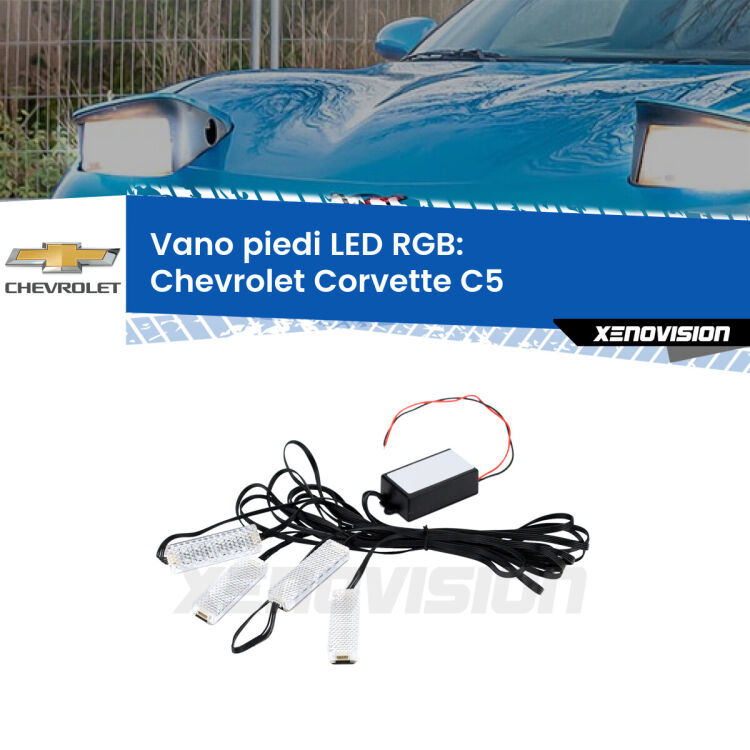 <strong>Kit placche LED cambiacolore vano piedi Chevrolet Corvette</strong> C5 1997 - 2004. 4 placche <strong>Bluetooth</strong> con app Android /iOS.