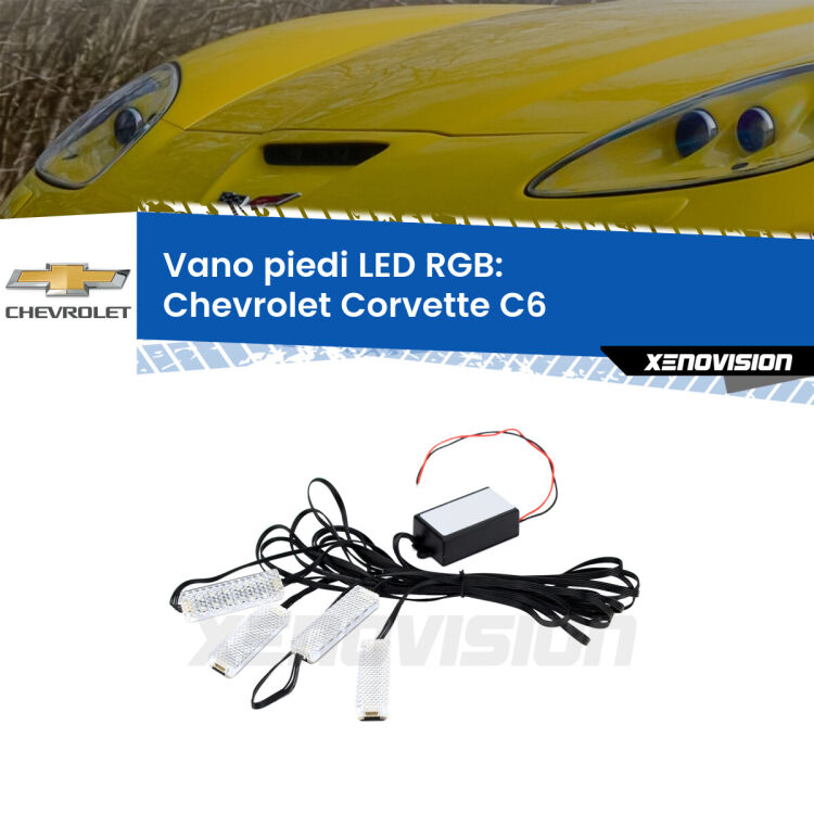 <strong>Kit placche LED cambiacolore vano piedi Chevrolet Corvette</strong> C6 2005 - 2013. 4 placche <strong>Bluetooth</strong> con app Android /iOS.