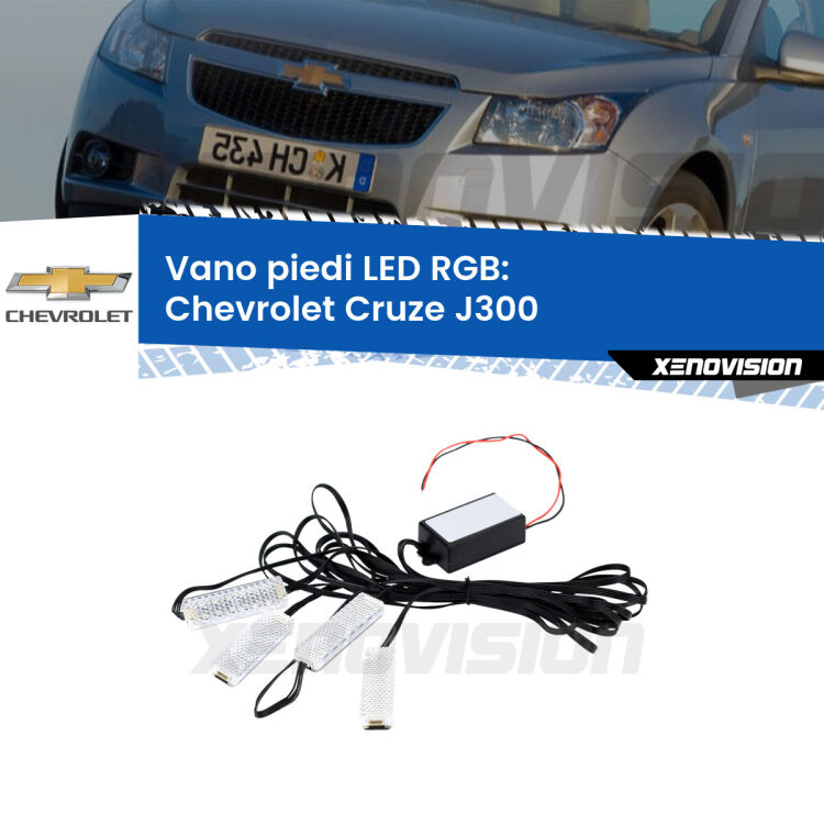 <strong>Kit placche LED cambiacolore vano piedi Chevrolet Cruze</strong> J300 2009 - 2019. 4 placche <strong>Bluetooth</strong> con app Android /iOS.