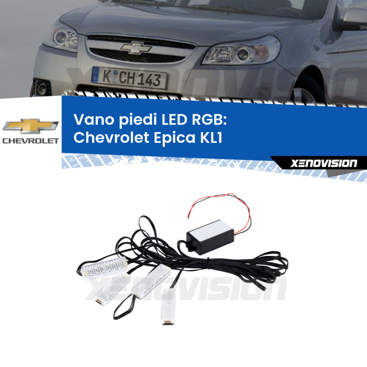 <strong>Kit placche LED cambiacolore vano piedi Chevrolet Epica</strong> KL1 2005 - 2011. 4 placche <strong>Bluetooth</strong> con app Android /iOS.