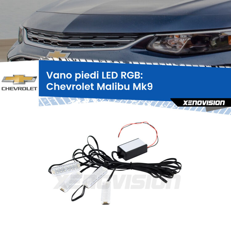 <strong>Kit placche LED cambiacolore vano piedi Chevrolet Malibu</strong> Mk9 2016 in poi. 4 placche <strong>Bluetooth</strong> con app Android /iOS.