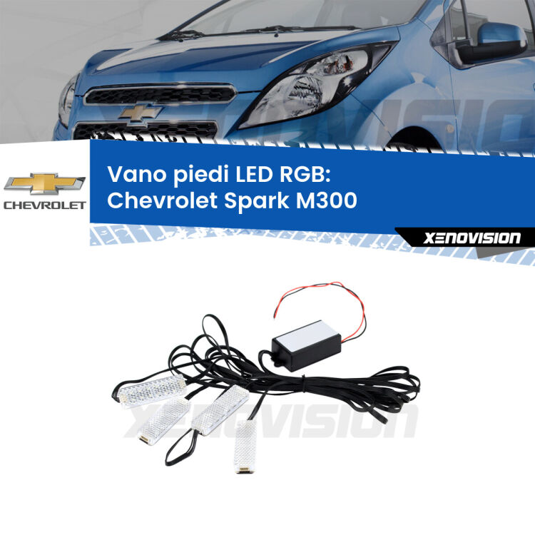 <strong>Kit placche LED cambiacolore vano piedi Chevrolet Spark</strong> M300 2009 - 2016. 4 placche <strong>Bluetooth</strong> con app Android /iOS.