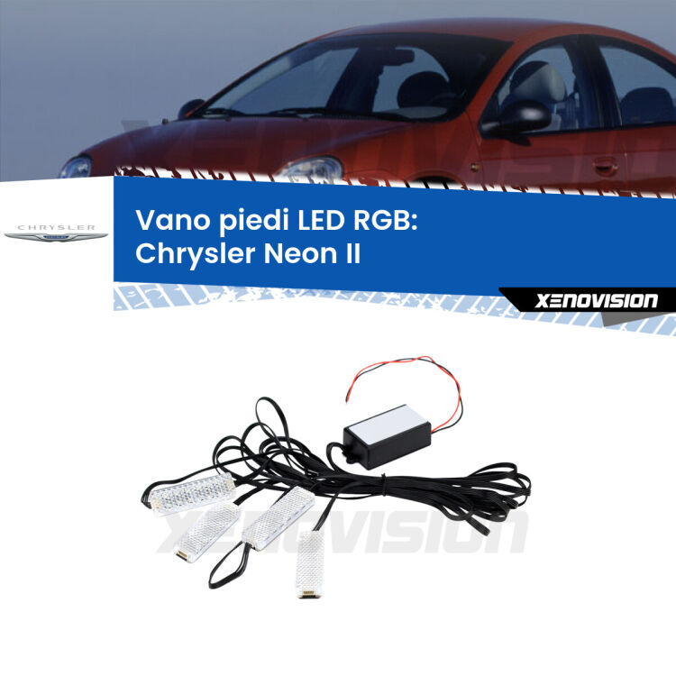 <strong>Kit placche LED cambiacolore vano piedi Chrysler Neon II</strong>  1999 - 2006. 4 placche <strong>Bluetooth</strong> con app Android /iOS.