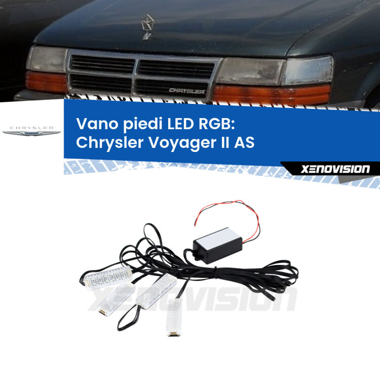 <strong>Kit placche LED cambiacolore vano piedi Chrysler Voyager II</strong> AS 1990 - 1995. 4 placche <strong>Bluetooth</strong> con app Android /iOS.