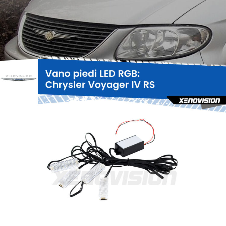 <strong>Kit placche LED cambiacolore vano piedi Chrysler Voyager IV</strong> RS 2000 - 2007. 4 placche <strong>Bluetooth</strong> con app Android /iOS.