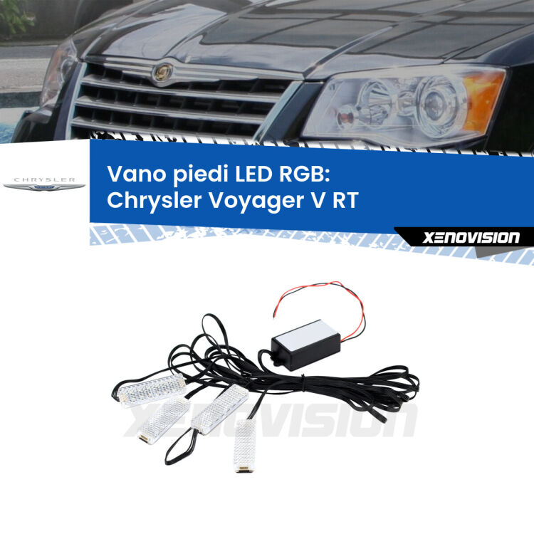 <strong>Kit placche LED cambiacolore vano piedi Chrysler Voyager V</strong> RT 2007 - 2016. 4 placche <strong>Bluetooth</strong> con app Android /iOS.