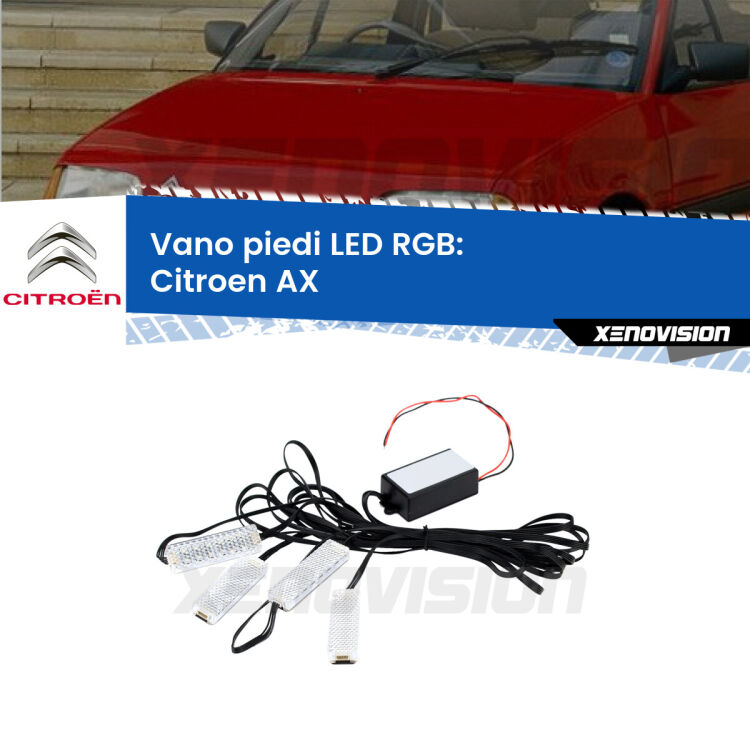 <strong>Kit placche LED cambiacolore vano piedi Citroen AX</strong>  1986 - 1998. 4 placche <strong>Bluetooth</strong> con app Android /iOS.