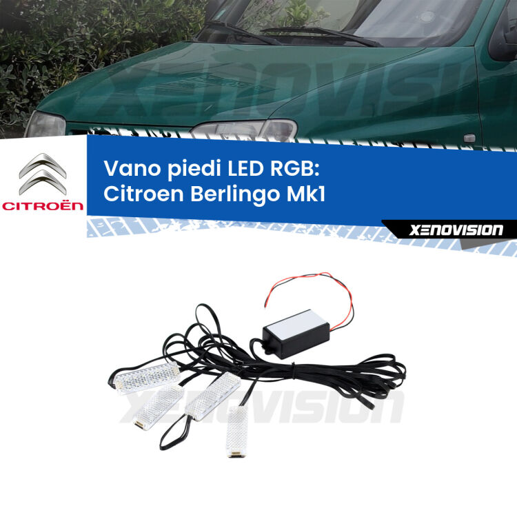 <strong>Kit placche LED cambiacolore vano piedi Citroen Berlingo</strong> Mk1 1996 - 2007. 4 placche <strong>Bluetooth</strong> con app Android /iOS.