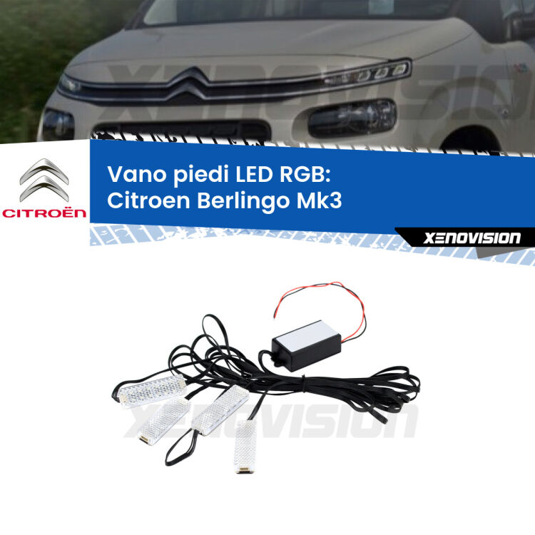 <strong>Kit placche LED cambiacolore vano piedi Citroen Berlingo</strong> Mk3 2018 - 2022. 4 placche <strong>Bluetooth</strong> con app Android /iOS.