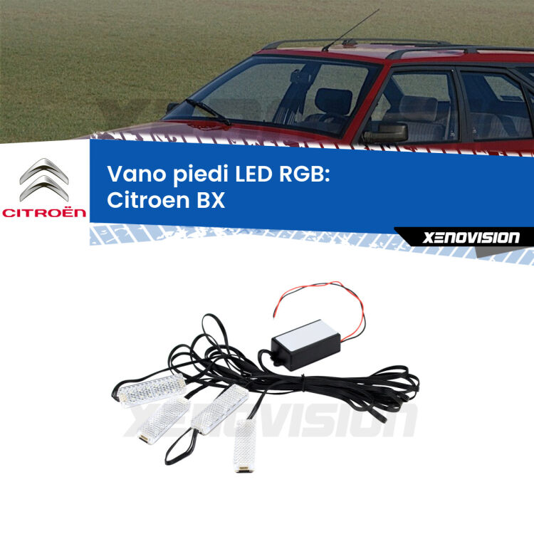 <strong>Kit placche LED cambiacolore vano piedi Citroen BX</strong>  1982 - 1993. 4 placche <strong>Bluetooth</strong> con app Android /iOS.